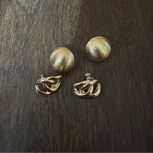 Lot Of 2 Gold Tone Earrings Vintage One Pair Missing Backs Round & Loop